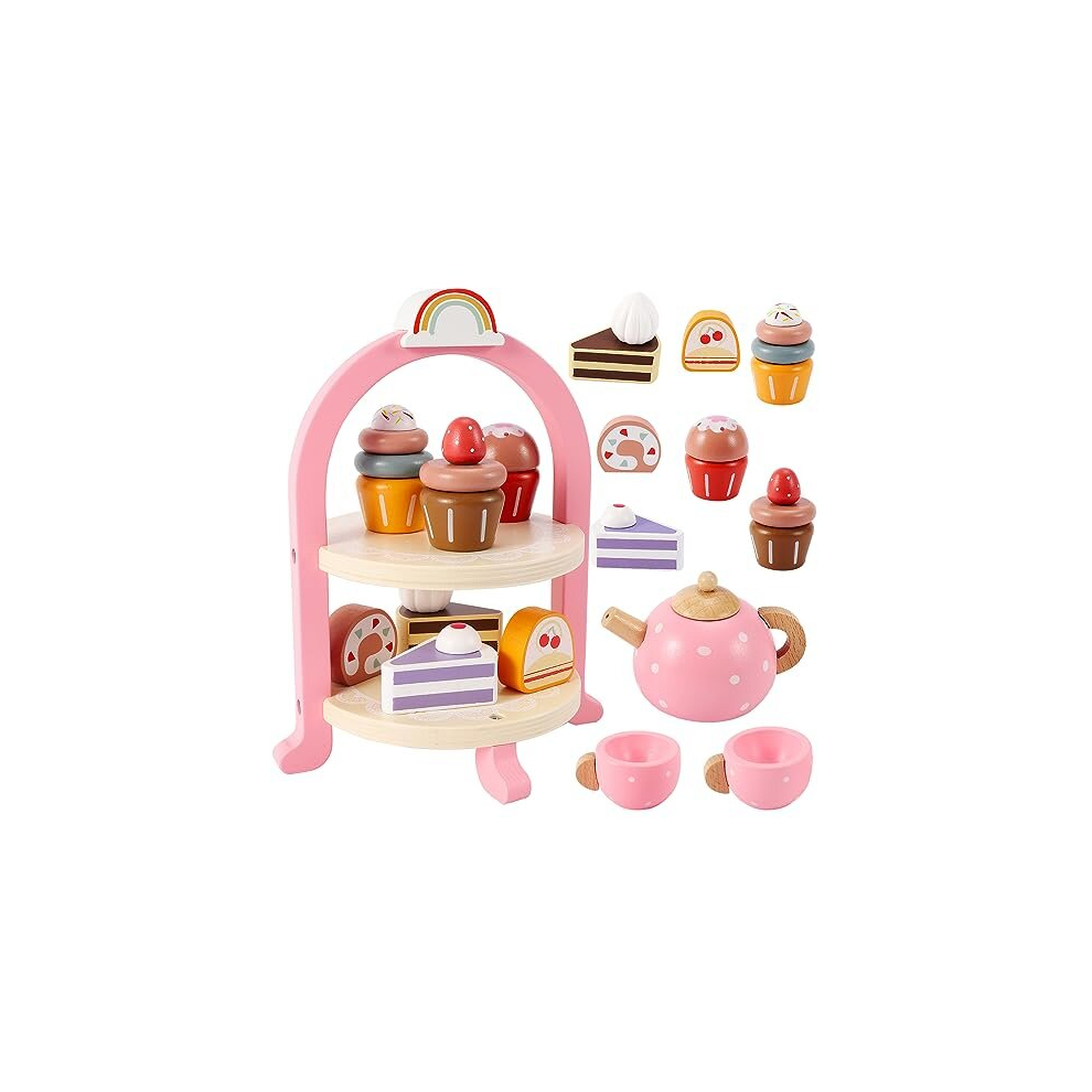 Wooden Tea Set for Toddlers, Cake Stand Dessert Toys Afternoon Tea Party Set, Pretend Role Play Food Kitchen Accessories Birthday Gifts for Kids Girls