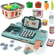 Cash Register Toy for Kids Pretend Play Supermarket Toy Children Toy Till with Scanner, Sound, Food, Shopping Basket, Weigh, Credit Card Gift for 3 4