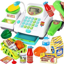 HERSITY 6183 Big Toy Till Cash Register with Scanner - Realistic Drawer, Microphone, Play Money & Grocery Set for Toddlers 3-5