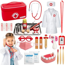 Doctors Set for Kids, 32 PCS Role Play Doctors Case, Children's Wooden Play Set, Dentist Wood with Real Stethoscope, Thermometer, Dental Case, Red