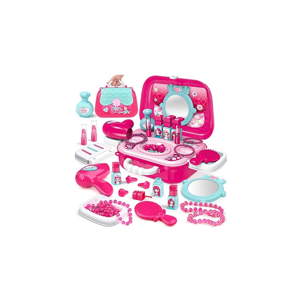 Pretend Play Makeup Set Role Play Jewellery Kit for Girls Toy Set 2 in 1 Princess Pink Vanity Dressing Table Mini Carry Case Portable with Accessories