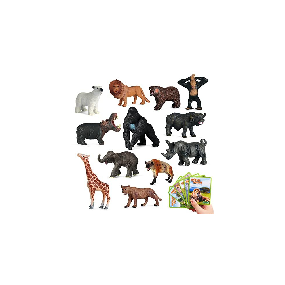 12pcs Safari Animals Figure Toys with Flash Cards, 3.5â Realistic Wild Zoo Animals Figurines Plastic Jungle Animals with Elephant Lion Giraffe Bear