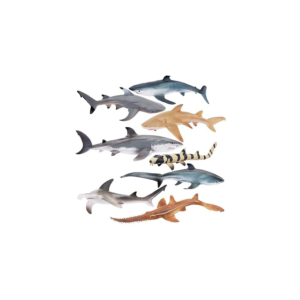 8PCS Shark Toys Sea Creature Animals Figures, Plastic Ocean Animal Figurines with Whale Shark White Shark Bathtub Toy for Kids Boys Girls Cake Topper