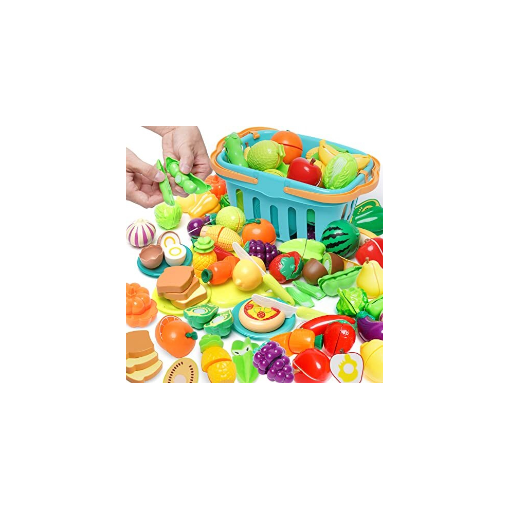 Photos - Role Playing Toy 75 PCS Cutting Play Food Toy for Kids Kitchen Pretend Fruit &Vegetables Accessories with Shopping Storage Basket, Plastic Mi
