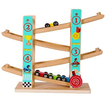 TOWO Pure Wooden Car Ramp - Zig Zag Car Slide Run with 4 Wooden Cars Playsets-Click Clack Track Wooden Car Toys for Toddlers -Racing Car toys for Kids
