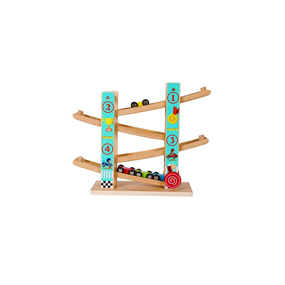 Toys Of Wood Oxford Towo Pure Wooden Car Ramp - Zig Zag Car Slide Run With 4 Wooden Cars Playsets-Click Clack Track Wooden Car Toys For Toddlers -Racing Car Toys For Kids