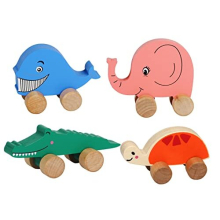 TOWO Wooden Cars for Toddlers - Animals on Wheels - Vehicles Sensory Grasping Motor Skill Toy –Push and Go First Trucks for Baby 12 Months 1 year
