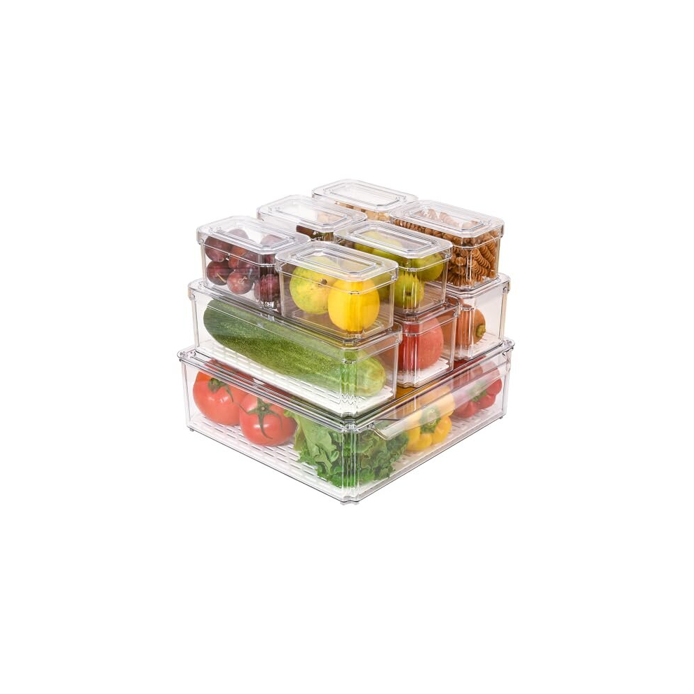 Stackable Refrigerator Organizer Bins with Lids, Fridge Organization and Storage Clear Containers, BPA-Free Plastic Pantry Bins for Fruits, Vegetable,