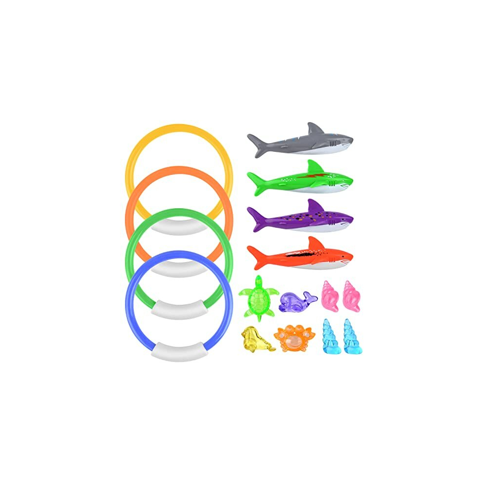 16 PCS Diving Pool Toys Diving Sharks Rings Sea Life Toys for Kids Summer Swimming Toys Underwater Games Gifts