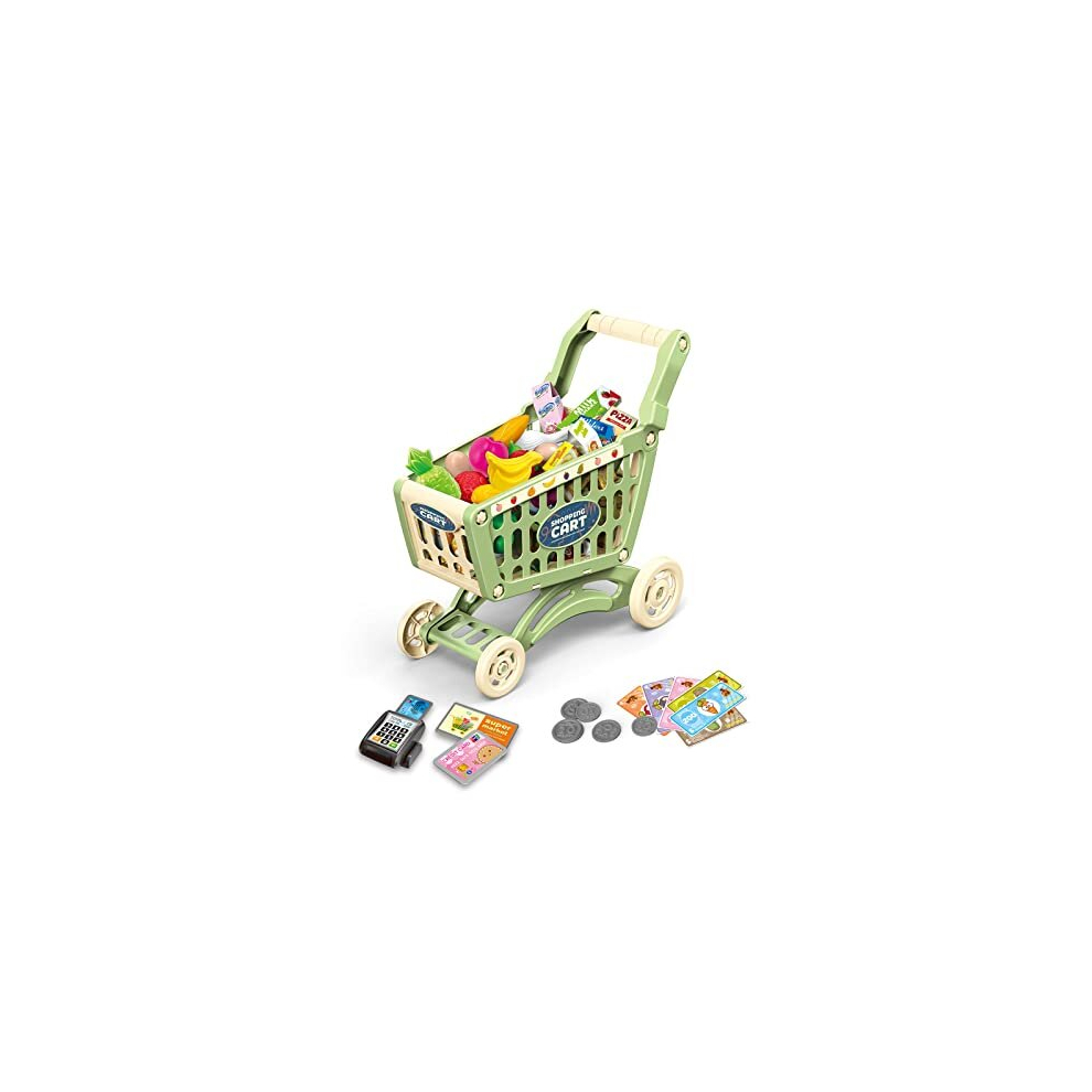 Shopping Trolley for Kids, 54 Pieces Shopping Store Basket Accessory Set, Oversized Role Play Trolley Cart Play Set Educational Toy Gift for Kids 3+