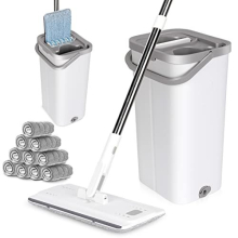 Flat Mop and Bucket Set, Microfibre Floor Mop with 10 Reusable Mop Pads & Stainless Steel Handle, Hands Free Squeeze Mop and Bucket System for Tiled,