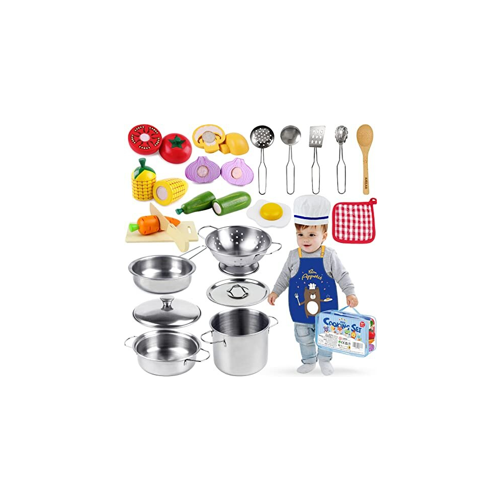 Kids Kitchen Accessories, Wooden Food Toys Stainless Steel Pots and Pans Playset, Kitchen Utensils Cooking Set with Childrens Chef Hat Apron, Pretend