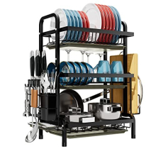 Dish Drainers Rack with Drip Tray, 3 Tier Large Dish Drying Rack with Draining Board and Cutlery /Chopping Board Holder over Sink, Dish Dryer Rack For