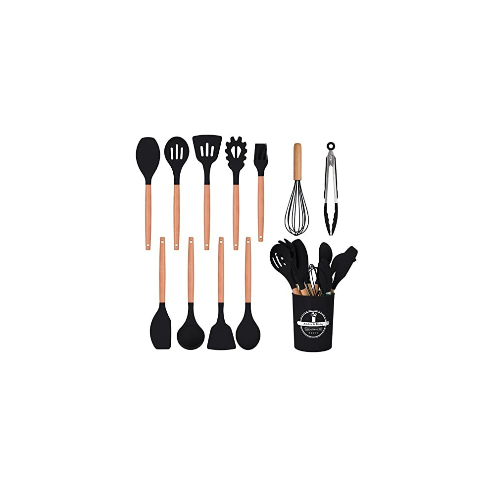 Kitchen Utensil Set, 12 PCS Silicone Cooking Utensils Set with Wooden Handle, Heat Resistant, Nonstick Cookware Tongs Spatula Spoon Set, Dishwasher