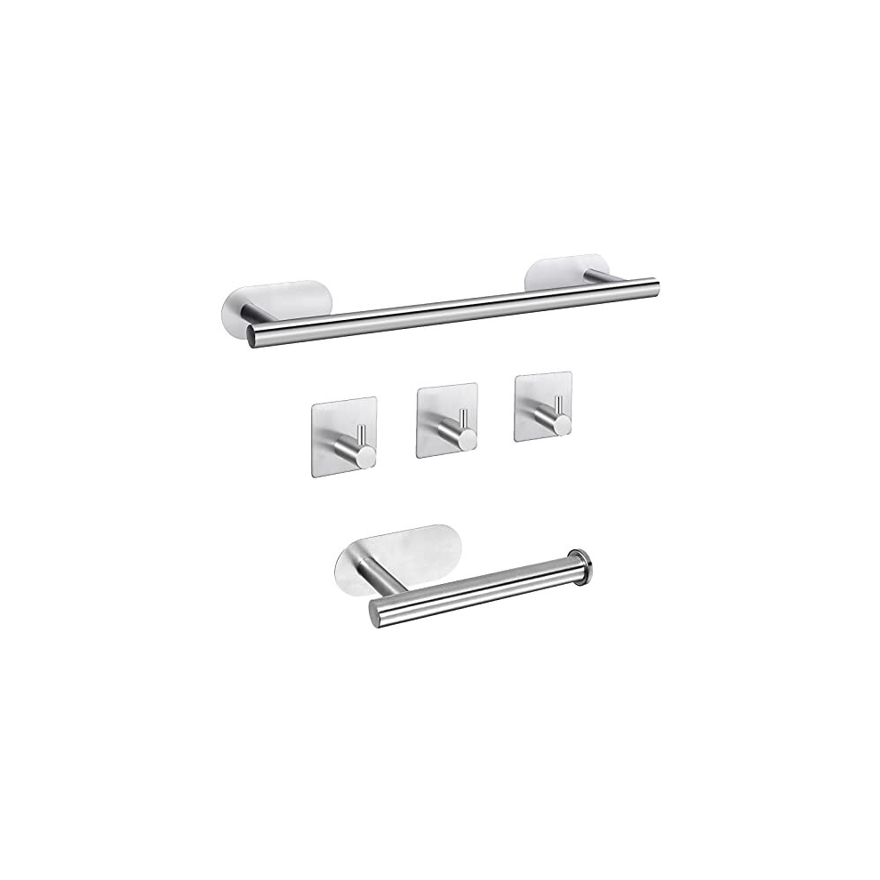 Self Adhesive Towel Rail, JiGiU 5 Pieces Bathroom Accessories Kit 16 inch/40cm Wall Mounted Towel Holder Toilet Paper Holder & 3 Towel Hook 304