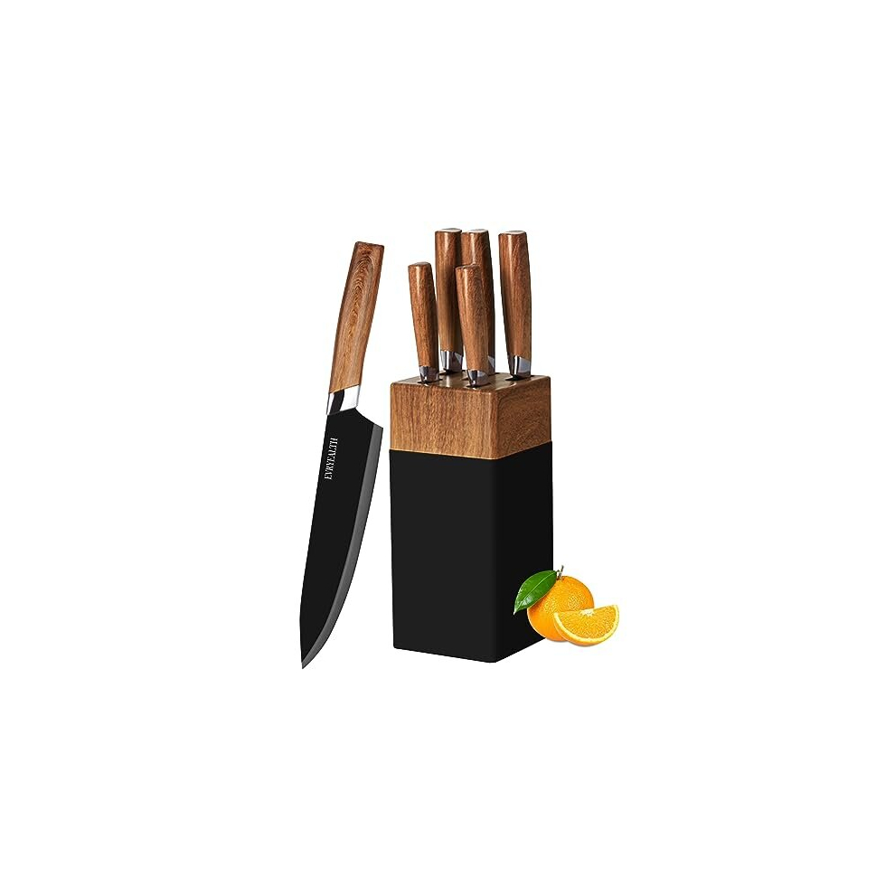 Kitchen Knife Set - 5 Piece Knife Set with Block, Wood Grain Handle, Stainless Steel Knivese with Chef, Bread, Slicer, Utility, Paring Knife for