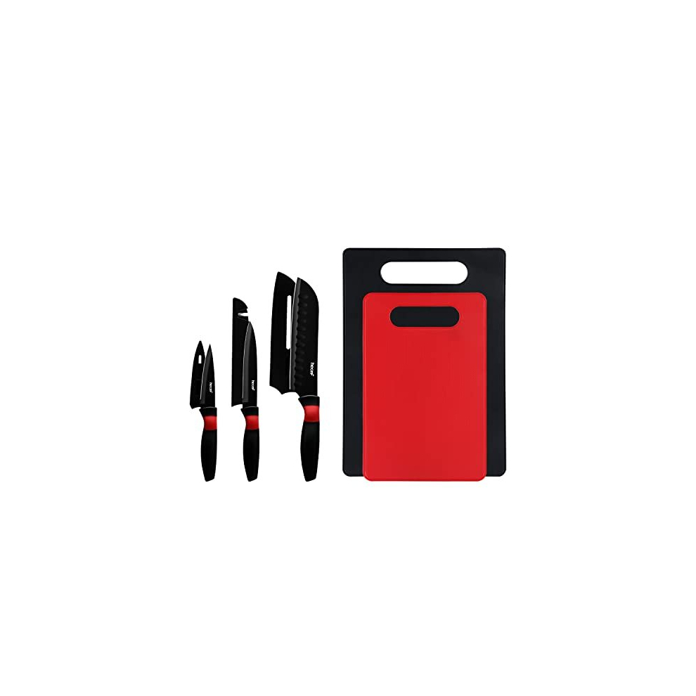 5 PCS Knife Set with Board 3 Kitchen Knives & 2 Chopping Boards Non-Stick Black Knife Set with Sharpener Cover, Cutting Boards and Chef Knives for
