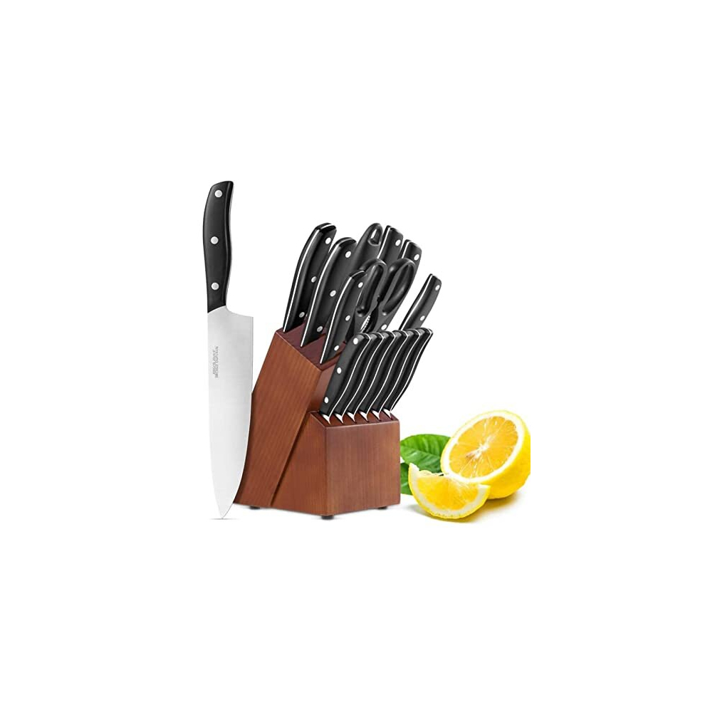 Knife Set, 15 Pcs Knife Sets for Kitchen with Block, Germany High Carbon Stainless Steel Block Knife Set with Sharpener and 6 Serrated Steak Knives,