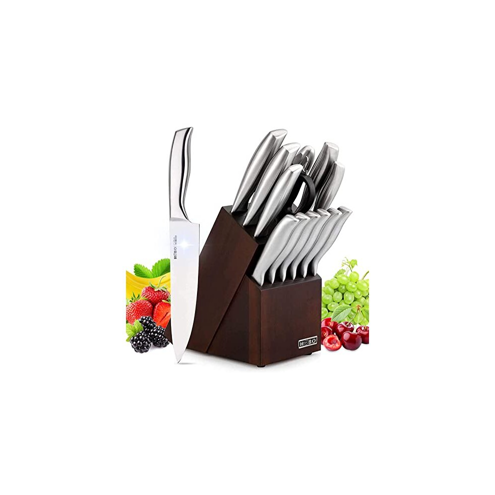 Knife Set, 14 Piece Kitchen Knifes Set with Block Wooden, Germany high-Carbon Stainless Steel Chef Knife, Bread Knife, Utility Knife, Steak Knife,