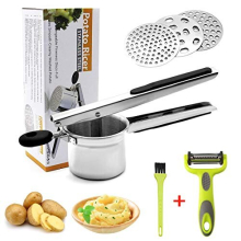 Stainless Steel Potato Ricer, Potato Masher, Multifunctional Professional Masher, Heavy Duty Food Press with Brush, Peeler and 3 Replaceable Strainer