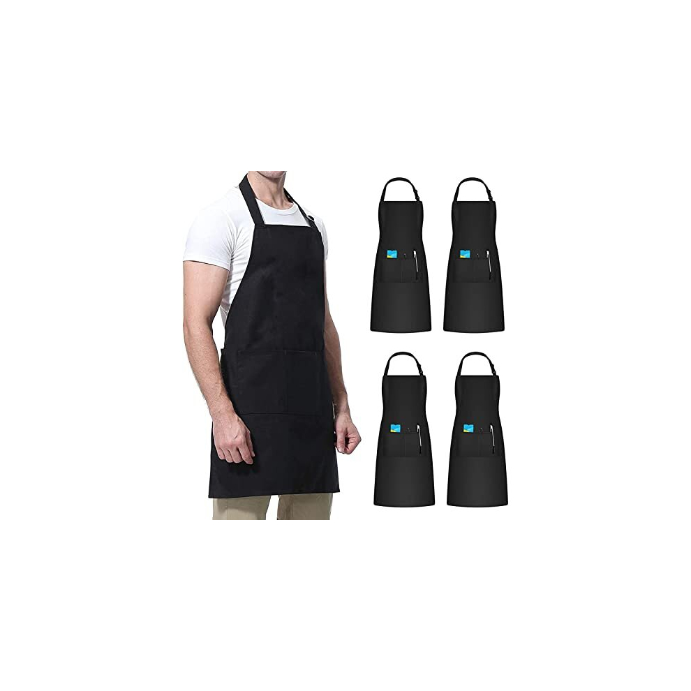 4 Pcs Black Chef Apron, Unisex Work Apron, Waterproof Adjustable Apron with 2 Pockets, Personalized Apron for Catering Cooking Gardening Cleaning Dish