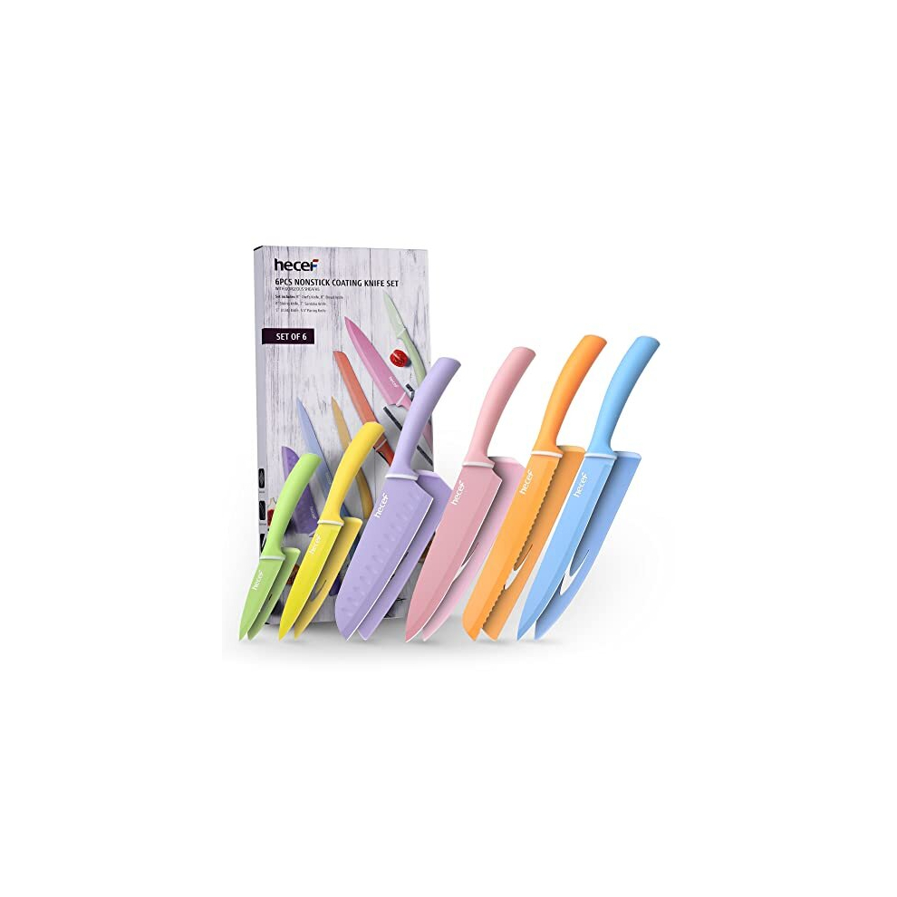 6 Pieces Kitchen Knife Set with Covers, Stainless Steel Colour Coded Non-Stick Cooking Knife Set Including Paring, Utility, Bread, Carving, Santoku &