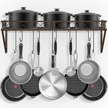 Wall Mount Pot Pan Rack, 70cm Saucepan Hanging Racks Utensils Hanging Shelf, Pan Racks for kitchen, Metal Cookware Organiser with 10 Hooks, Bronze