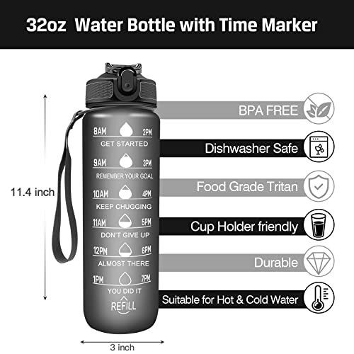 Sports Water Bottle with Motivational Time Marker & Straw, 1L Leakproof