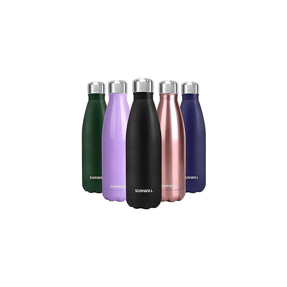 Water Bottle, Insulated Stainless Steel Sports Bottle 500ml, Reusable Vacuum Thermal Water Flask, Double Wall, Powder Coated Black for Hot and Cold