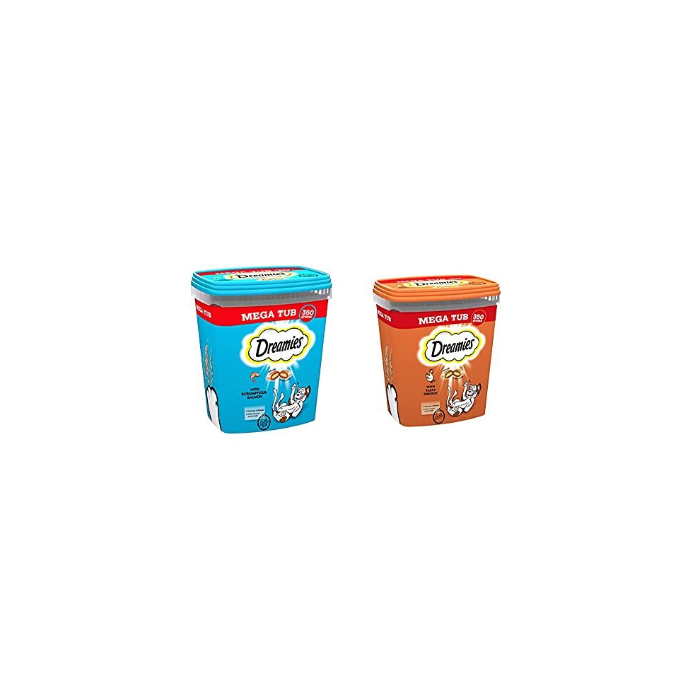 Cat Treats, Tasty Snacks with Delicious Salmon, 2 Tubs of 350 g & Cat Treats, Tasty Snacks with Delicious Cheese, 2 Tubs of 350 g