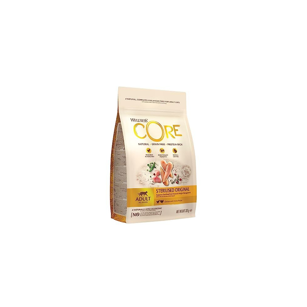 Wellness Core Sterilised Original, Dry Cat Food, Cat Food Dry For Sterilised Cats, Free, High Meat Content, Turkey & Chicken, 300 G Grain