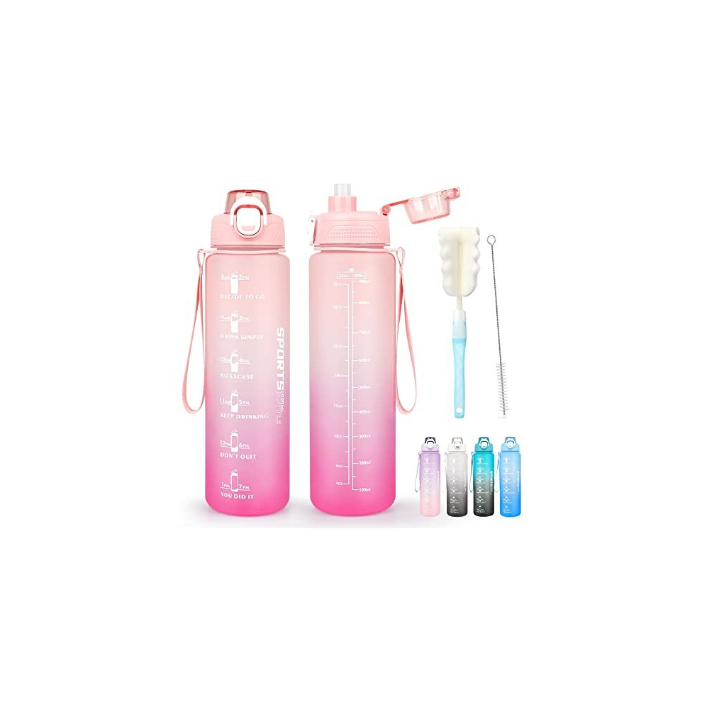 Water Bottle 1l, Leakproof Sports Water Bottle with Straw and Bottle Brush, Motivational Drinks Bottle with Time Markings BPA Free Dishwasher Safe for