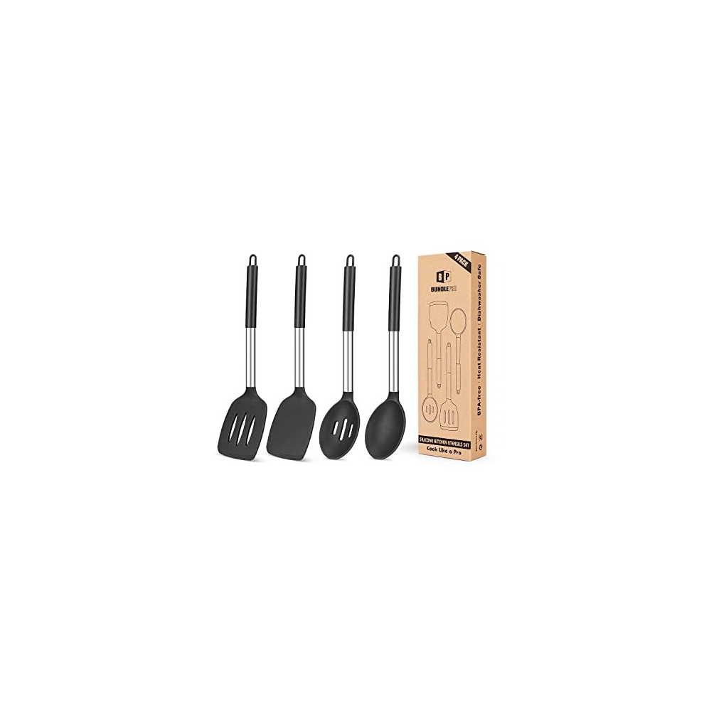Pack of 4 Silicone Cooking Utensils Set, Non Stick Large Solid Spatulas, Heat Resistant Black Slotted Spoons, Ideal BPA Free Kitchen Turners for
