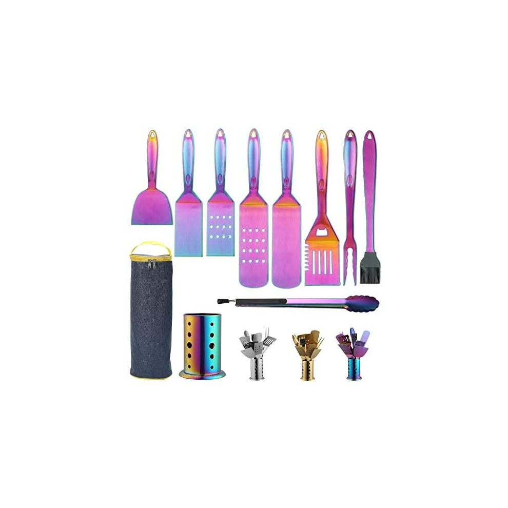 Rainbow BBQ Tools Set of 10 Pieces, Barbecue Utensils Set with Utensils Holder, Stainless Steel Handle No Coming Off and Heat Resistant, Grill-image-OPC-PD78FKC-NEW