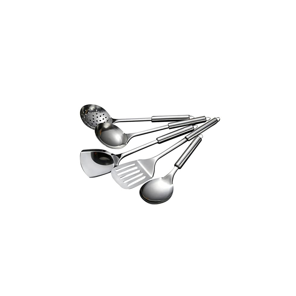 5 Pcs Cooking Utensils Set Stainless Steel Kitchen Utensils Gadgets Resistant Cooking Tools Includes Slotted Spoon, Slotted Spatula, Large Spoon, Soup
