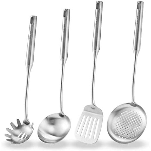 304 Stainless Steel Kitchen Utensil Set, 4 Pcs Cooking Utensil, Includes Slotted Spoon, Spaghetti Server, Soup Ladle, Spatula Turner, Cookware Gadgets
