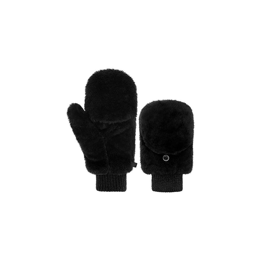 Women Mittens Winter Fur Gloves Flip Cover Gloves with Faux Fur Convertible Warm Flip Top Mitten Soft Fingerless Fur Mittens (Black)