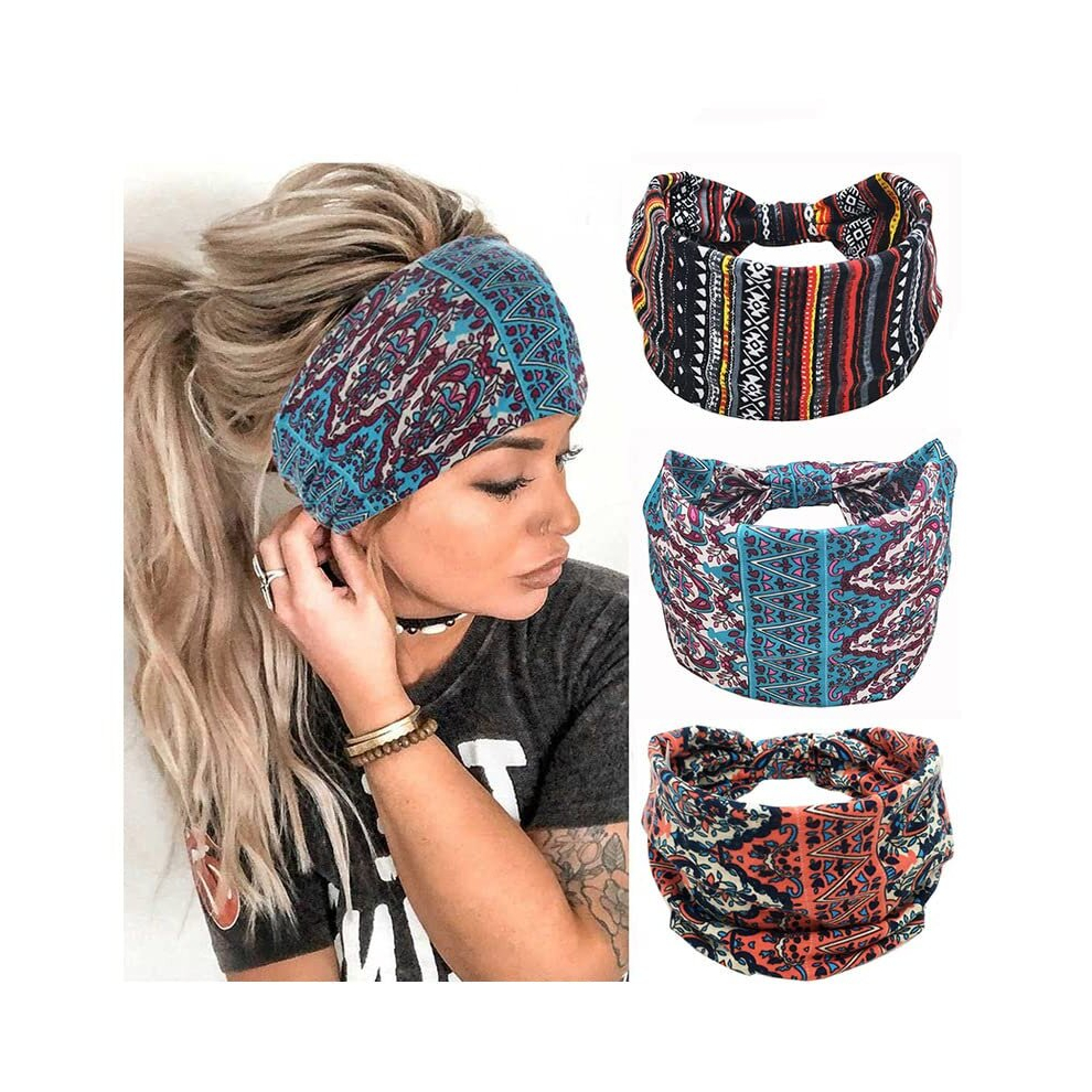 3 Pcs Women's Hair Bands Wide Elastic Soft Wide Elastic Bohemian Headwear Hair Band Workout Head Wrap Boho Headband Print Hair Accessories Yoga Sports