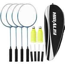 Badminton Rackets Set of 4 for Outdoor Backyard Games, Including 4 Rackets, 12 Nylon Shuttlecocks, 4 Replacement Grip Tapes (Blue)