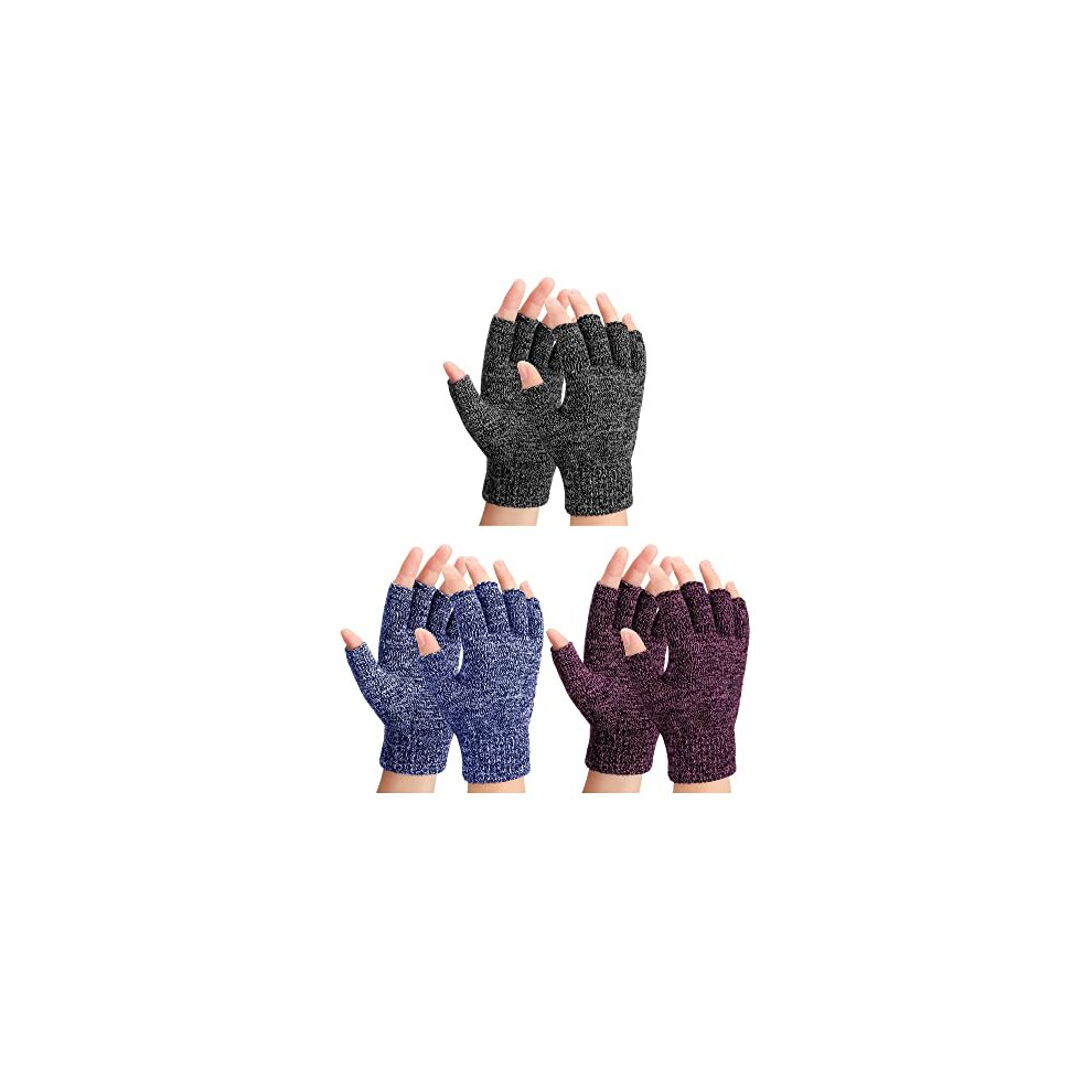 3 Pairs Winter Knitted Fingerless Gloves Warm Half Finger Gloves Thermal Fingerless Mittens for Men Women (Black Gray, Navy Blue, Black Red)