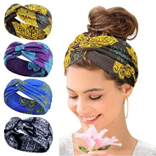 Kavya 4-Pack Wide Floral Headbands for Women - Soft Cotton, Elastic Turban Knot, Boho Flower Print, 7.5x23 cm