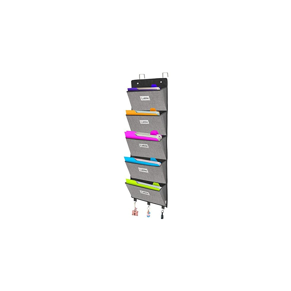 Hanging Wall File Folder Organiser - Over Door Storage Magazine Holder with 5 Large Pockets for School Paper,Document,Mails,Books,Newspapers,Letter