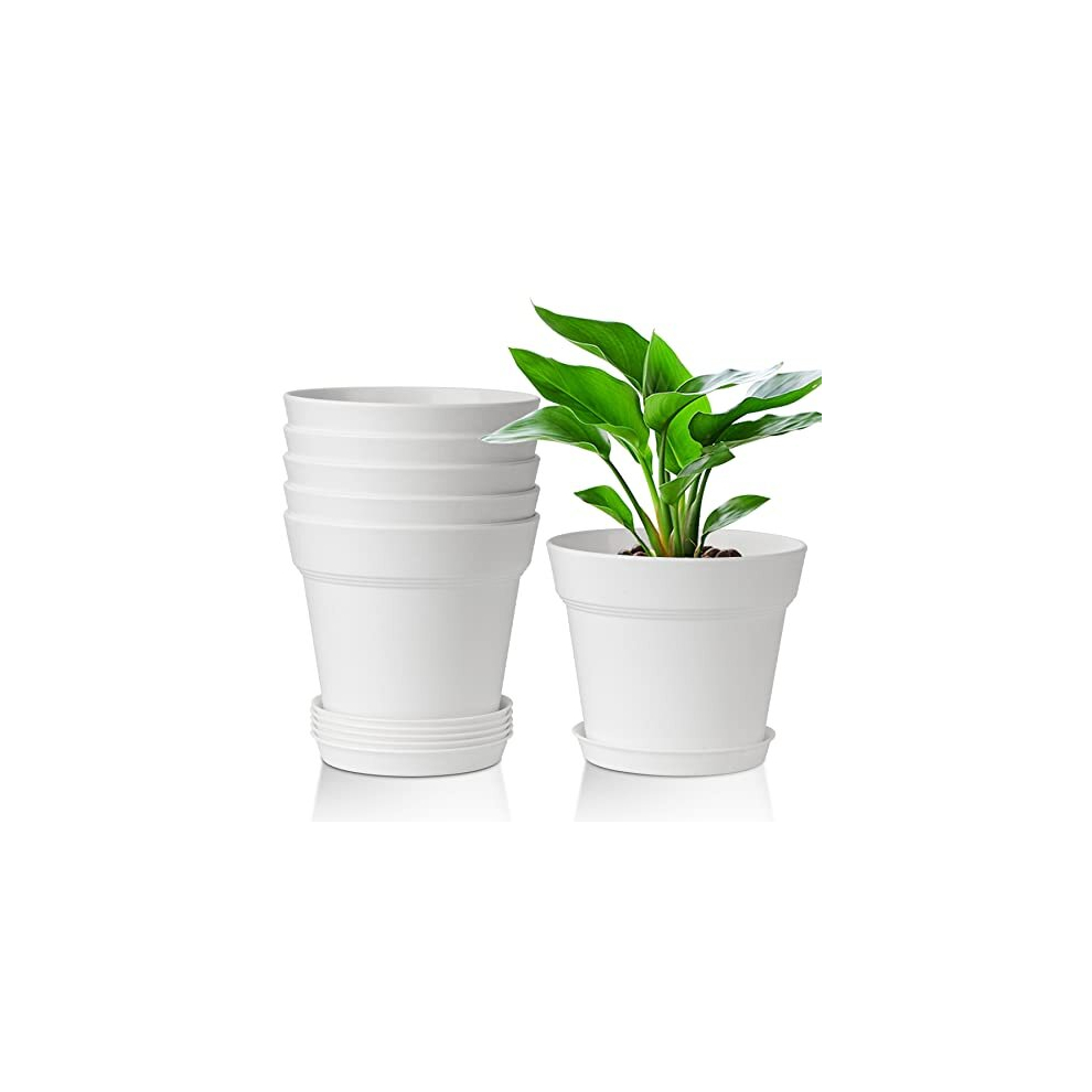 16CM Plastic Plant Pots 6-Pack, Medium Flower Planter with Drainage Hole and Saucer, Classic Indoor Outdoor White Plant Pots for Orchid, Peace Lily,-image-OPC-PD78HVZ-NEW