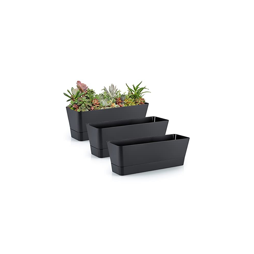 3 Pcs Rectangle Plant Pot, Succulent Planter Box with Drainage Holes, Planter Trough for Bay Window, Kitchen Windowsill, Shelf, Coffee Table (Black)