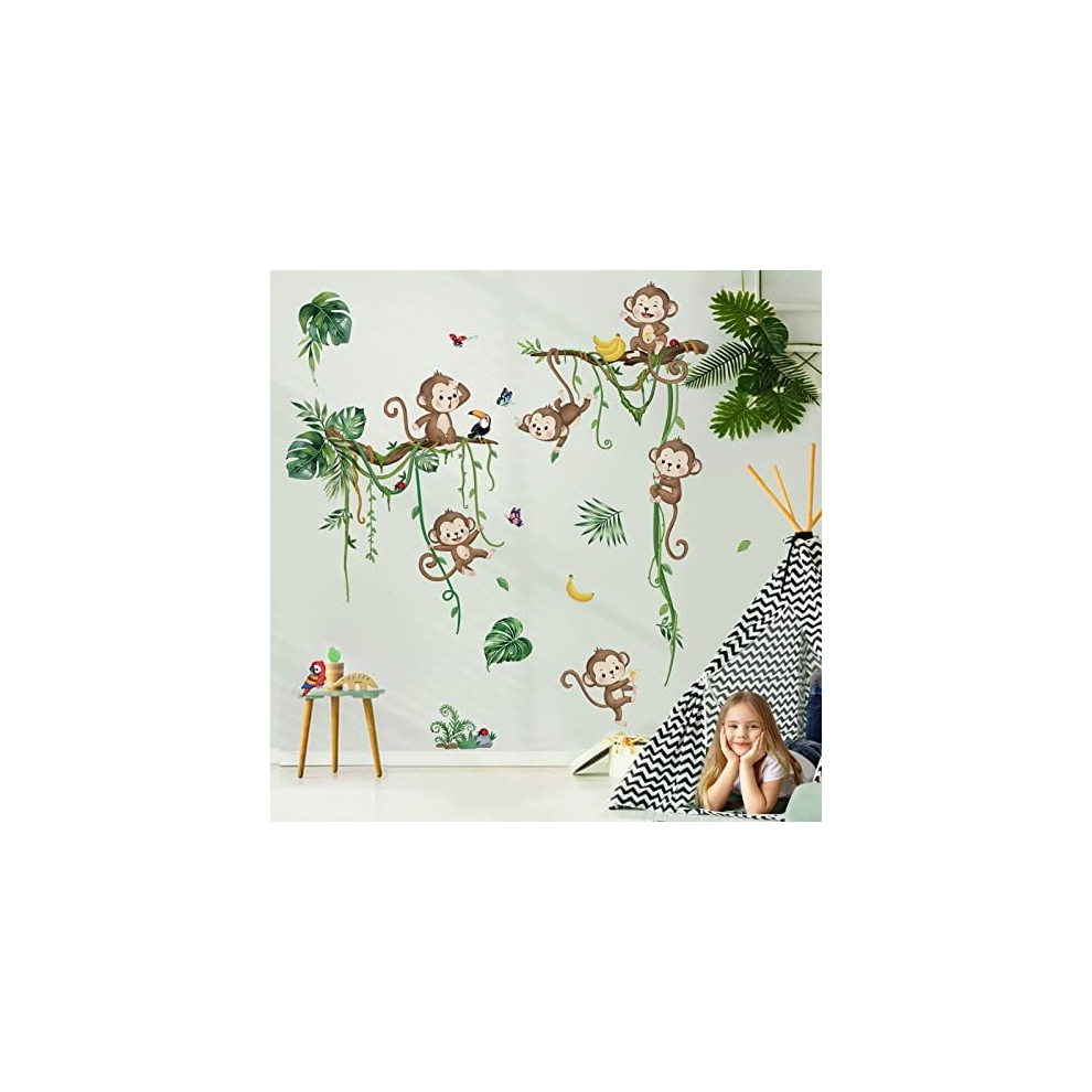 Decalmile Jungle Monkey Climbing Tree Wall Decals Jungle Animals Vine Leaves Wall Stickers Baby Nursery Kids Room Living Room Wall Decor