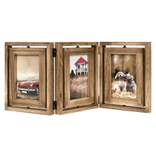 Photo Frame 6x4 Rustic Wood Hinged Folding Triple Picture Frames with Double Sided Display Rotating, High Definition Glass Multi Picture Frame