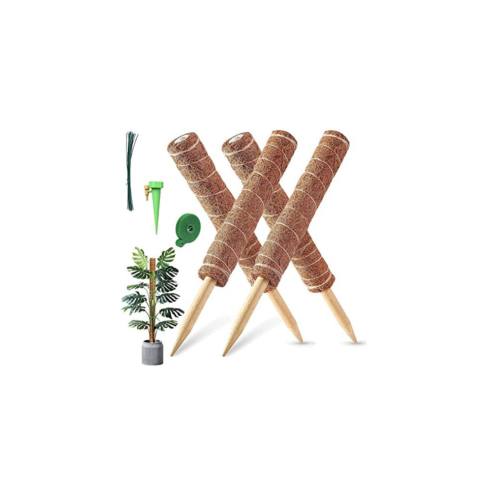 Moss Pole, 4PCS 40CM/16inches Coir Moss Pole for Monstera & Cheese Plant, Plant Stands Indoor with 1 Plant Self Watering Spikes, 20 Cable Ties and 2M