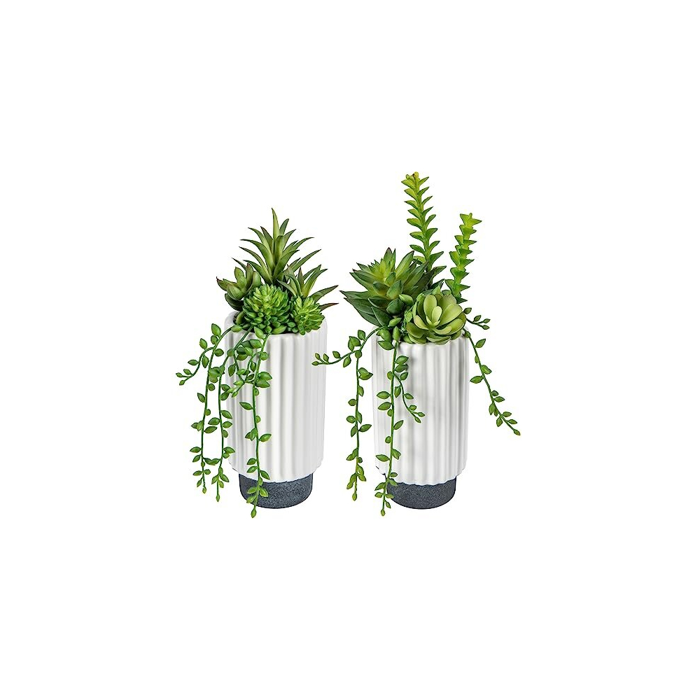 2 pcs Fake Succulent Plants Artificial Succulents in White Ceramic Pots, Faux Trailing Succulents for Room Home Bathroom Bedroom Office Kitchen Living