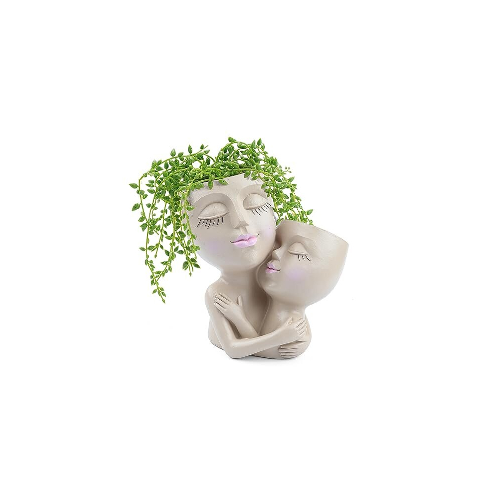 Double Face Planter Pot Girl Face Flower Pots,Cute Faces Plant Pot Art Resin Head Planter with Drainage Hole Cute Lady Face Plant Pots for Indoor
