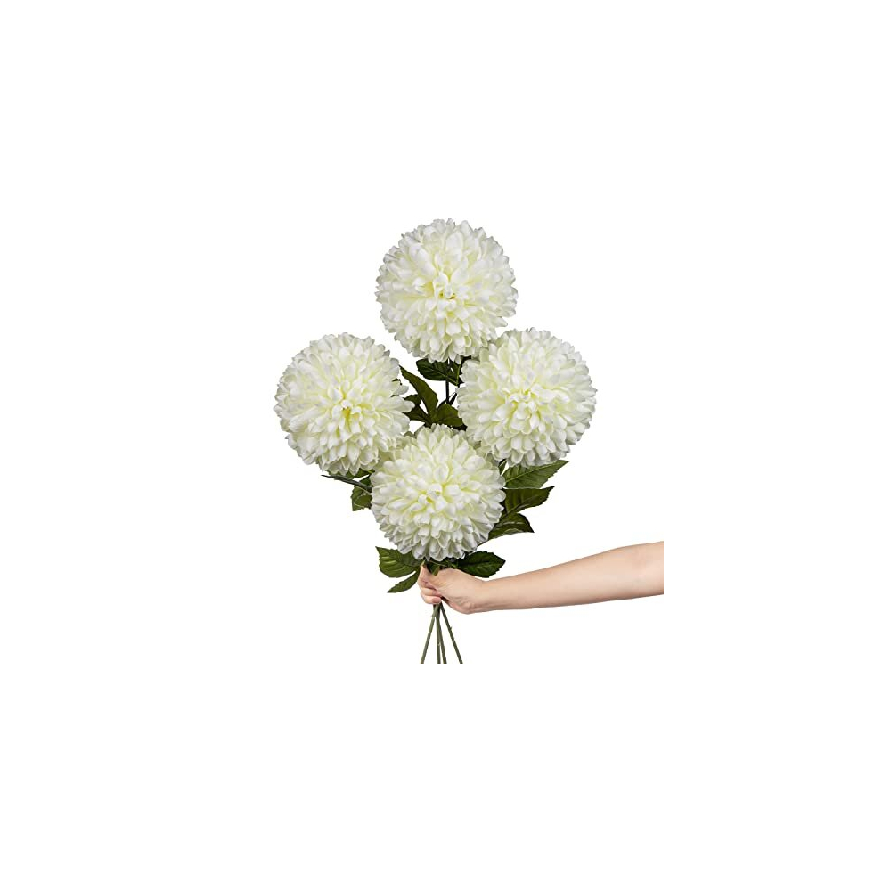 6'' Large Artificial Chrysanthemum Flowers with 25.6'' Long Stem, 4 pcs White Fake Silk Flowers Faux Ball Flowers for Home Decor, Bridal, Wedding,